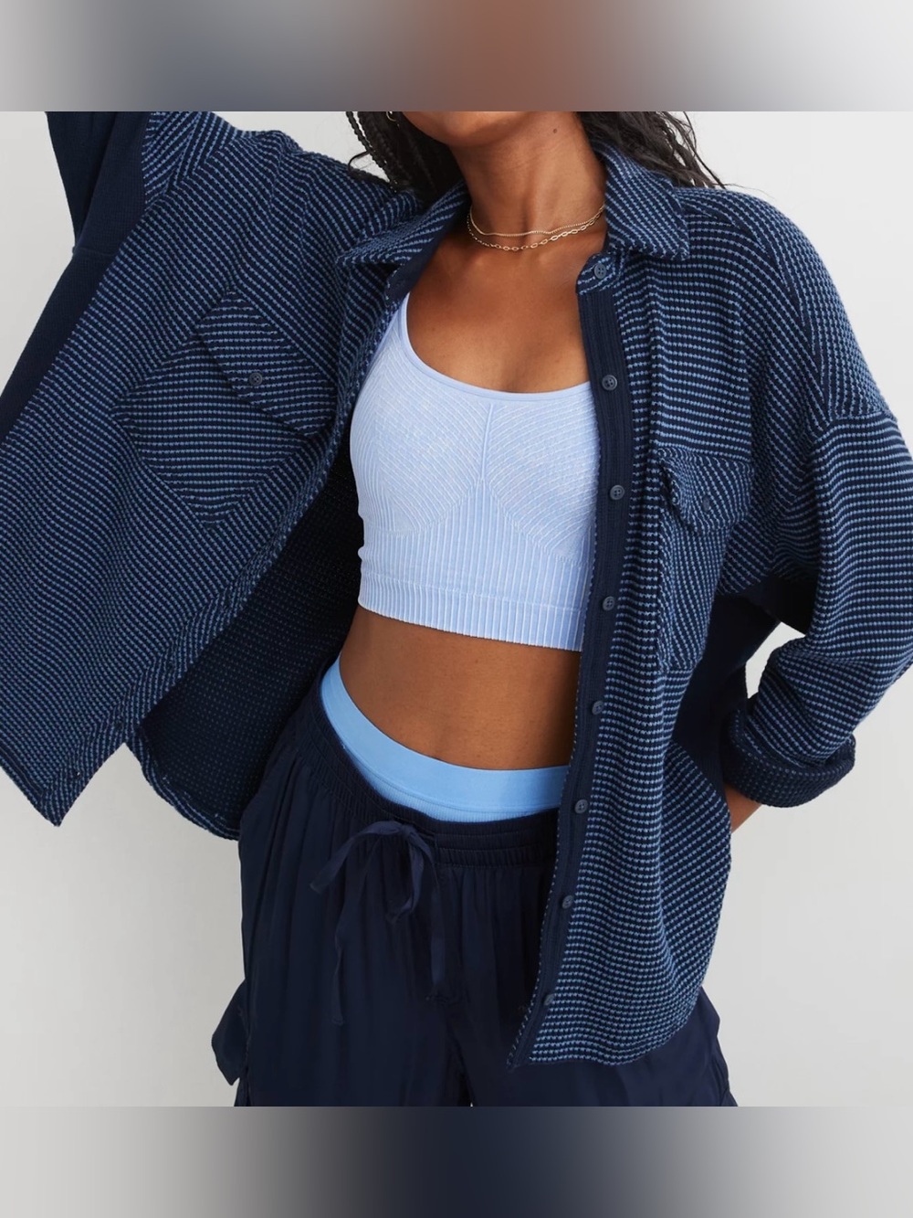 aerie Navy and Light Blue Button-Down Waffle Knit Lumberjane Shirt - Size M